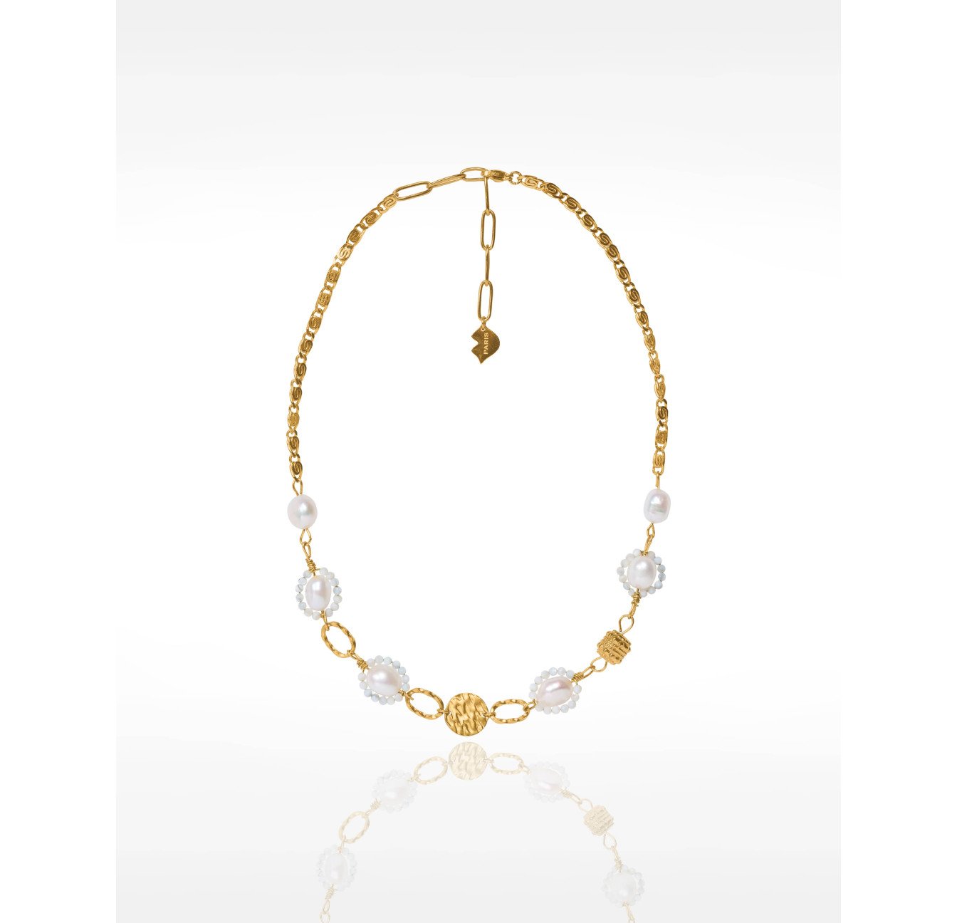 Collier à perles baroques et perles de nacre acier inoxydable doré maille escargot - GALATEA | Gloria Balensi Paris bijoux