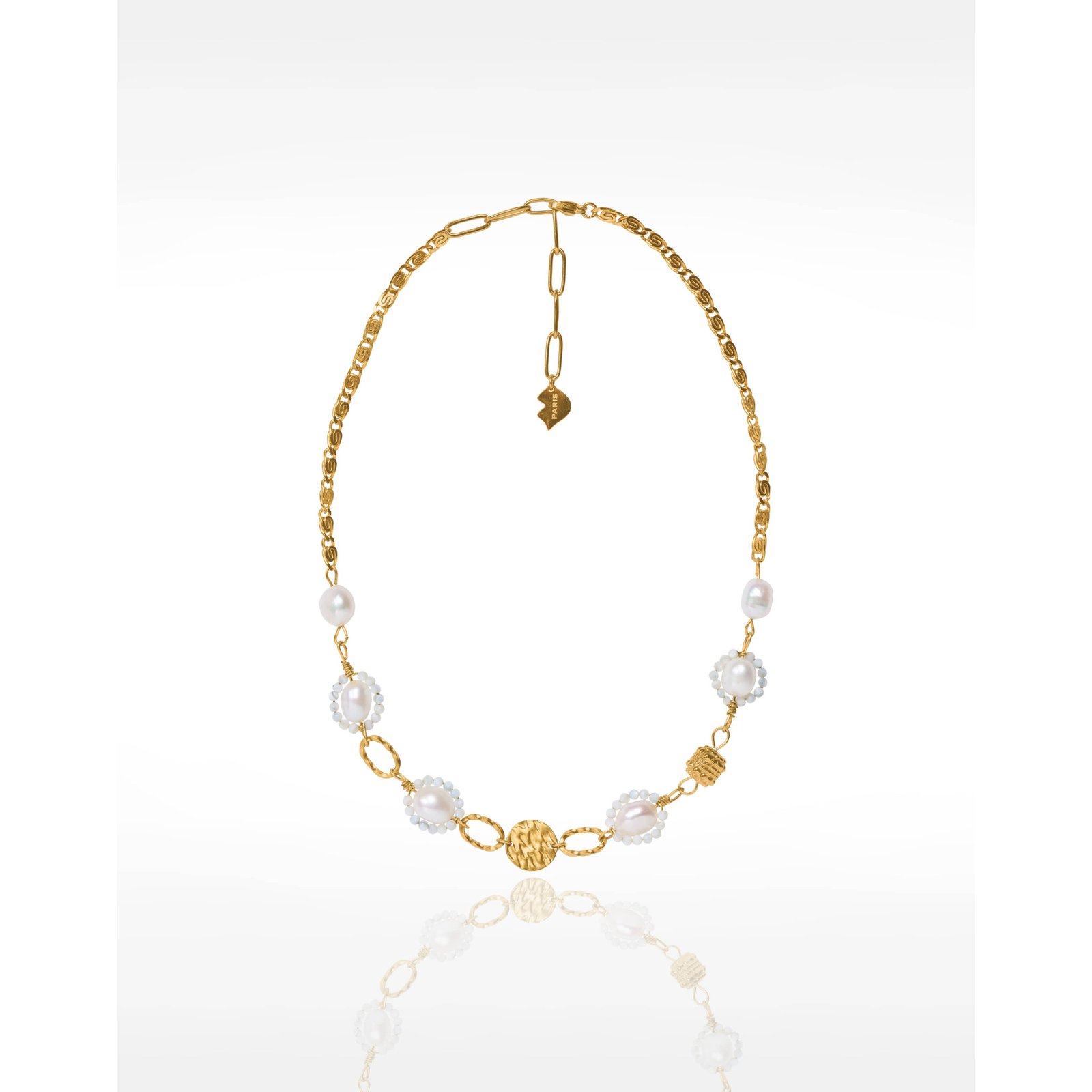 Collier à perles baroques et perles de nacre acier inoxydable doré maille escargot - GALATEA | Gloria Balensi Paris bijoux