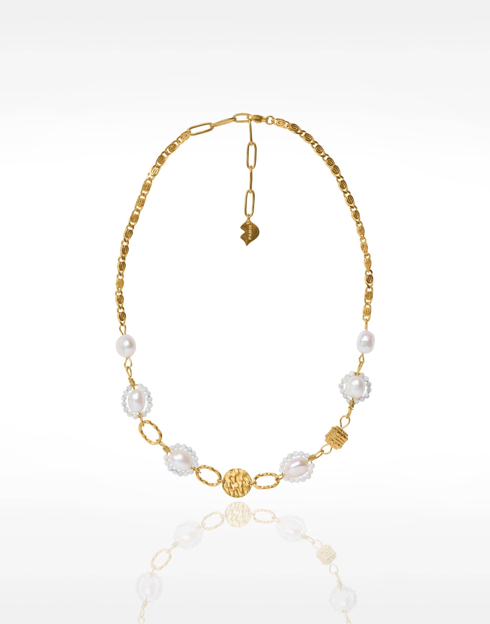 Collier à perles baroques et perles de nacre acier inoxydable doré maille escargot - GALATEA | Gloria Balensi Paris bijoux