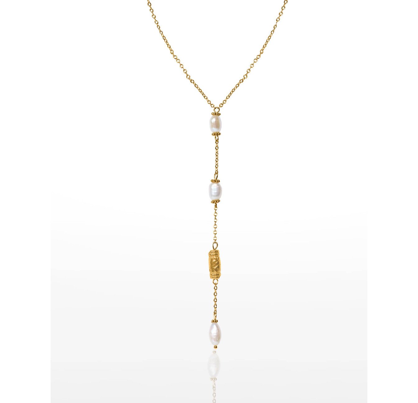 Collier cravate acier inoxydable doré perles baroques d'eau douce et perle antique - KAÏA | Gloria Balensi