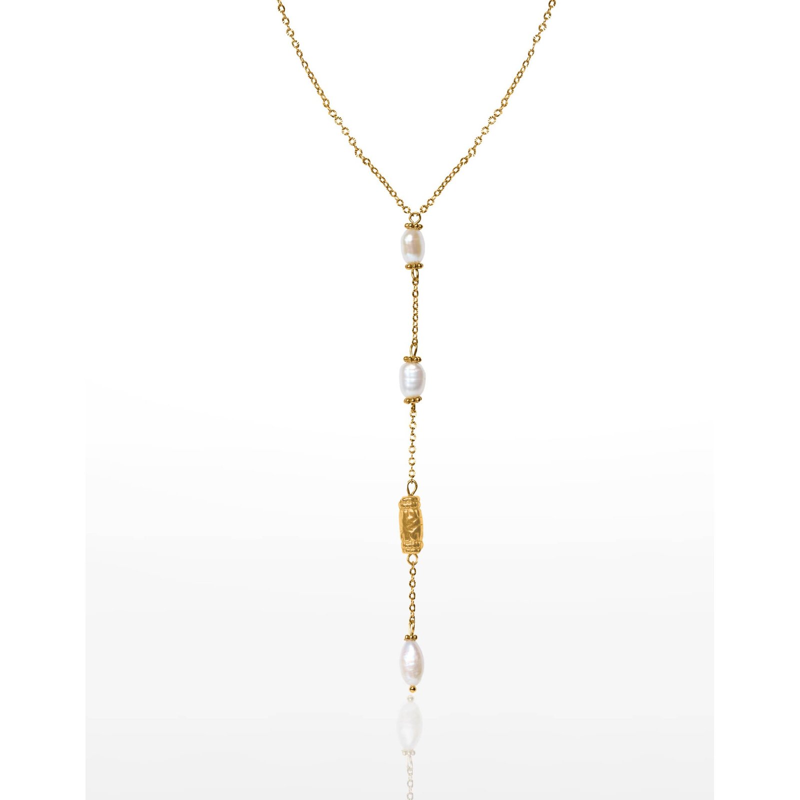 Collier cravate acier inoxydable doré perles baroques d'eau douce et perle antique - KAÏA | Gloria Balensi