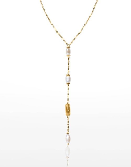Collier cravate acier inoxydable doré perles baroques d'eau douce et perle antique - KAÏA | Gloria Balensi