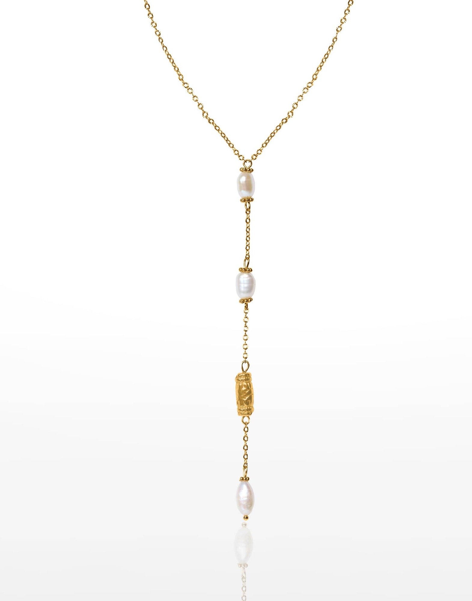Collier cravate acier inoxydable doré perles baroques d'eau douce et perle antique - KAÏA | Gloria Balensi