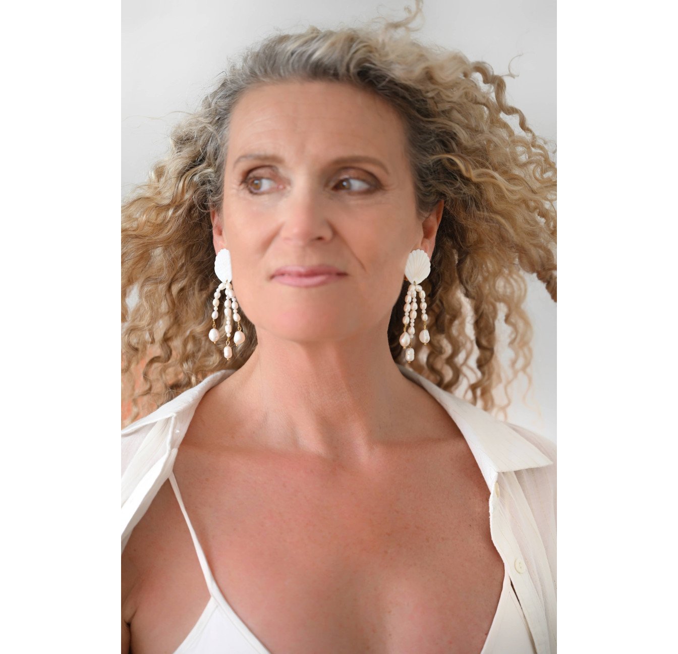 Mother-of-Pearl Shell Drop Earrings with Triple White Pearl Cascade - VENUS | Gloria Balensi