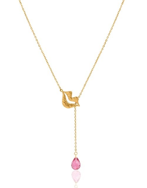 Gold-plated stainless steel tie necklace with briolette pink tourmaline - HÉRA| Gloria Balensi