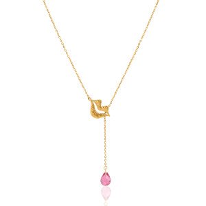 Gold-plated stainless steel tie necklace with pink tourmaline briolette - HÉRA