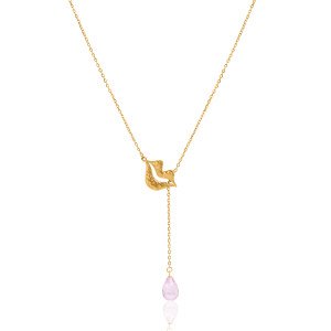 Gold-plated stainless steel tie necklace with pink morganite briolette - HÉRA