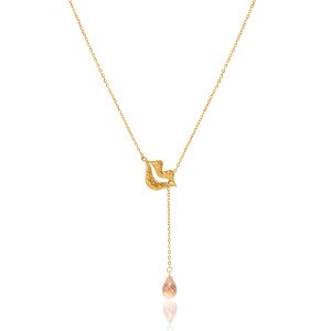 Gold-plated stainless steel tie necklace with peach morganite briolette - HÉRA
