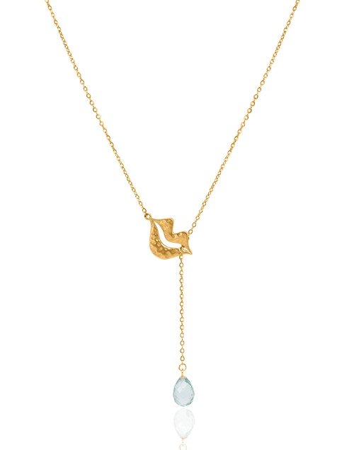 Gold-plated stainless steel tie necklace with aquamarine briolette - HÉRA| Gloria Balensi