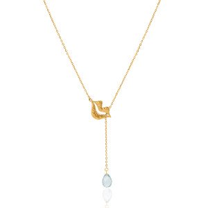 Gold-plated stainless steel tie necklace with aquamarine briolette - HÉRA