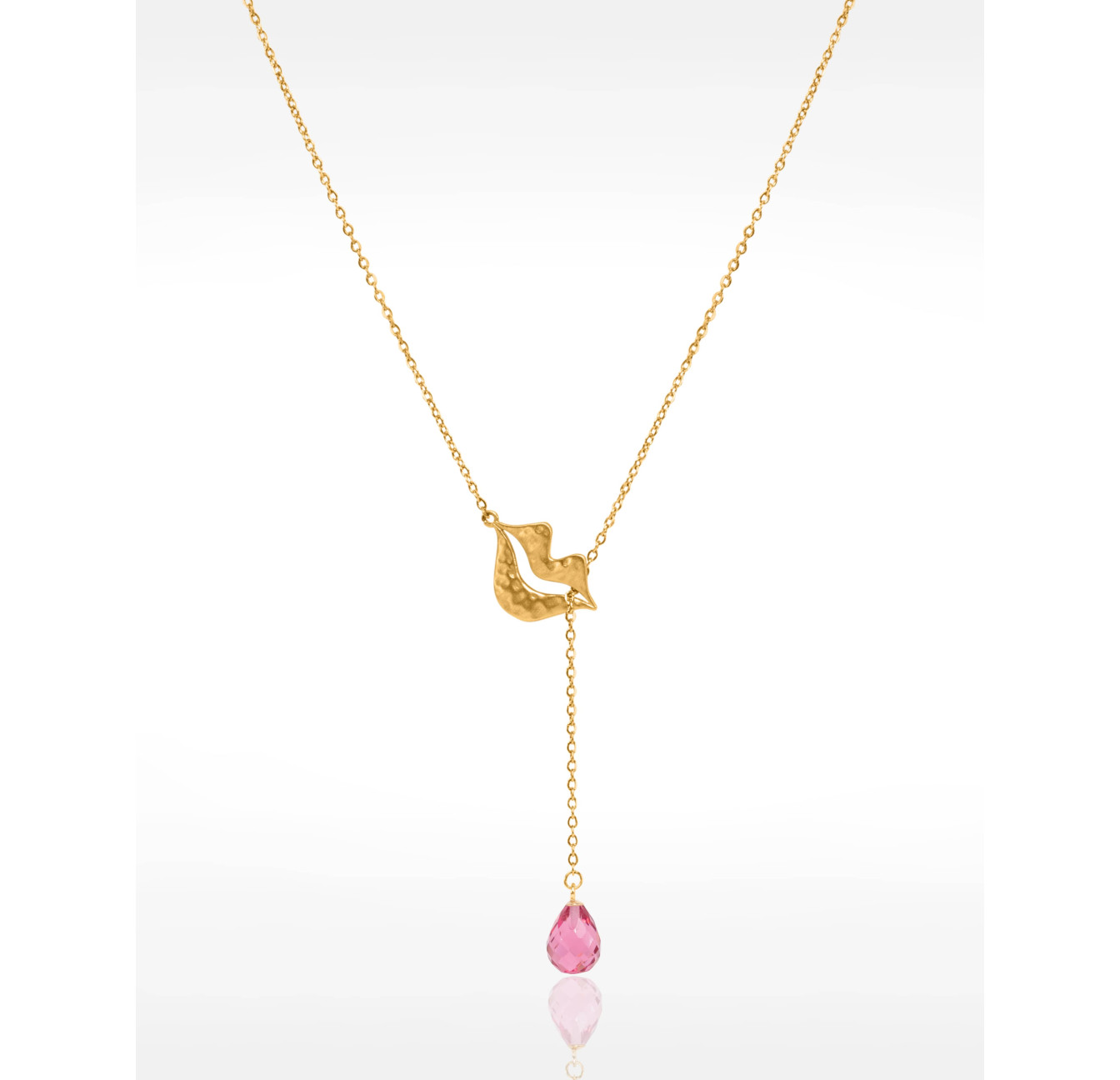 Gold-plated stainless steel tie necklace with pink tourmaline briolette - HÉRA