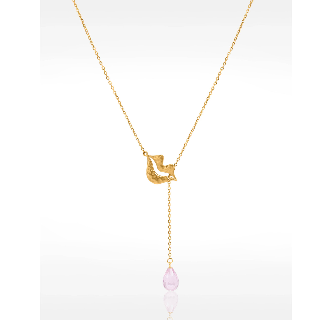 Collier Cravate en acier inoxydable doré, Morganite rose briolette - HÉRA