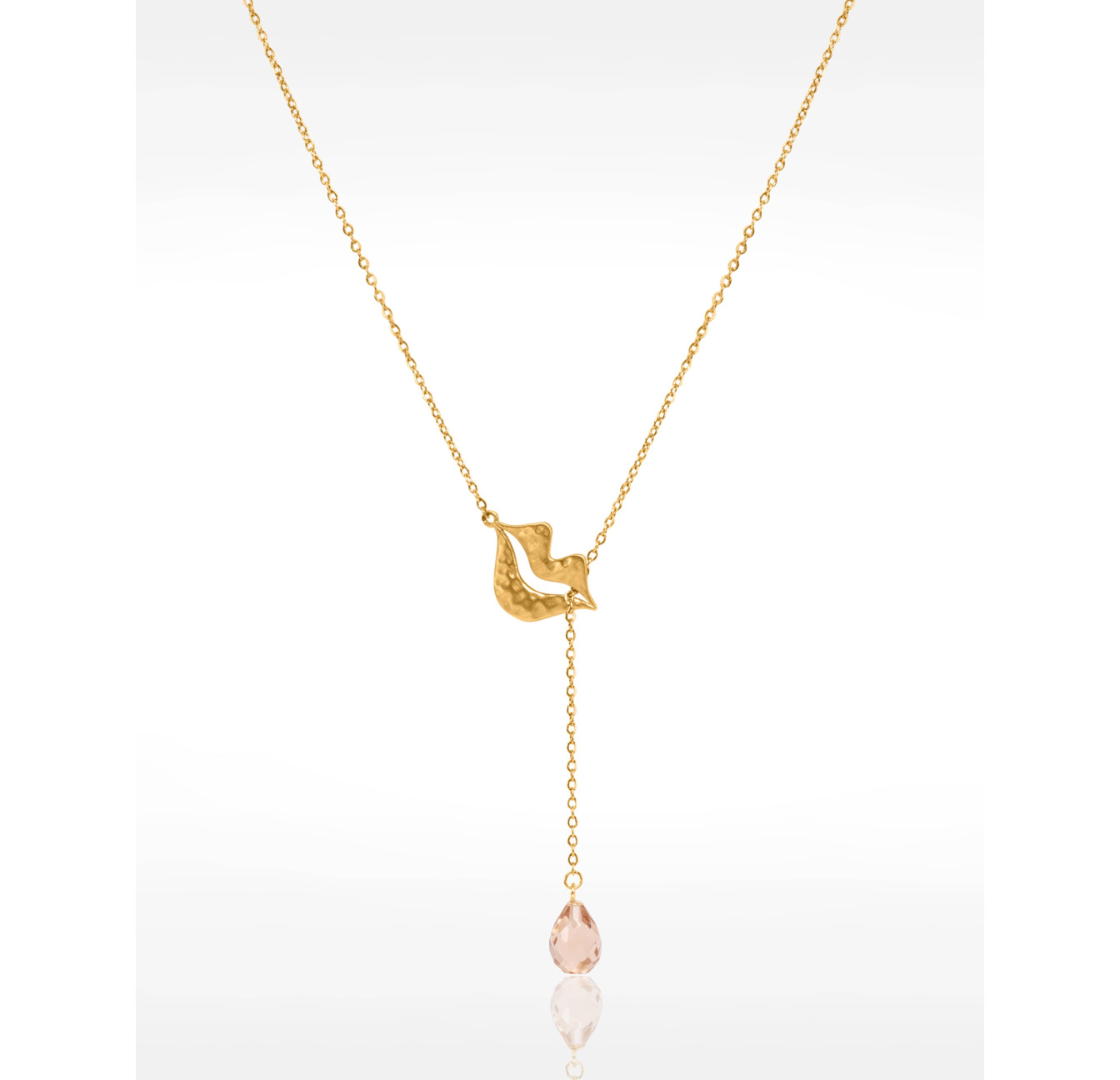 Gold-plated stainless steel tie necklace with peach morganite briolette - HÉRA