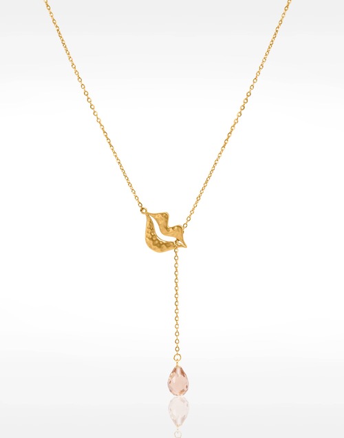 Collier Cravate en acier inoxydable doré, Morganite pêche briolette - HÉRA| Gloria Balensi