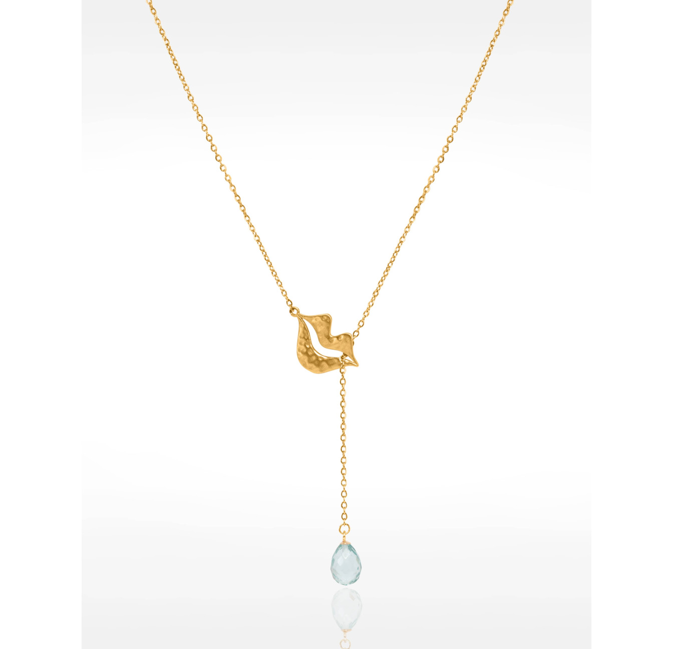 Gold-plated stainless steel tie necklace with aquamarine briolette - HÉRA
