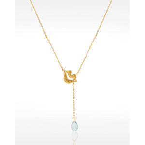 Collier Cravate en acier inoxydable doré, aigue-marine briolette - HÉRA
