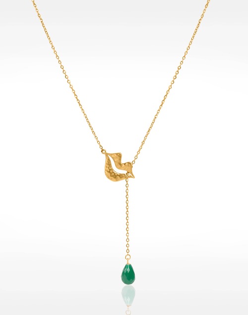 Collier Cravate en acier inoxydable doré, Onyx vert  briolette - HÉRA | Gloria Balensi