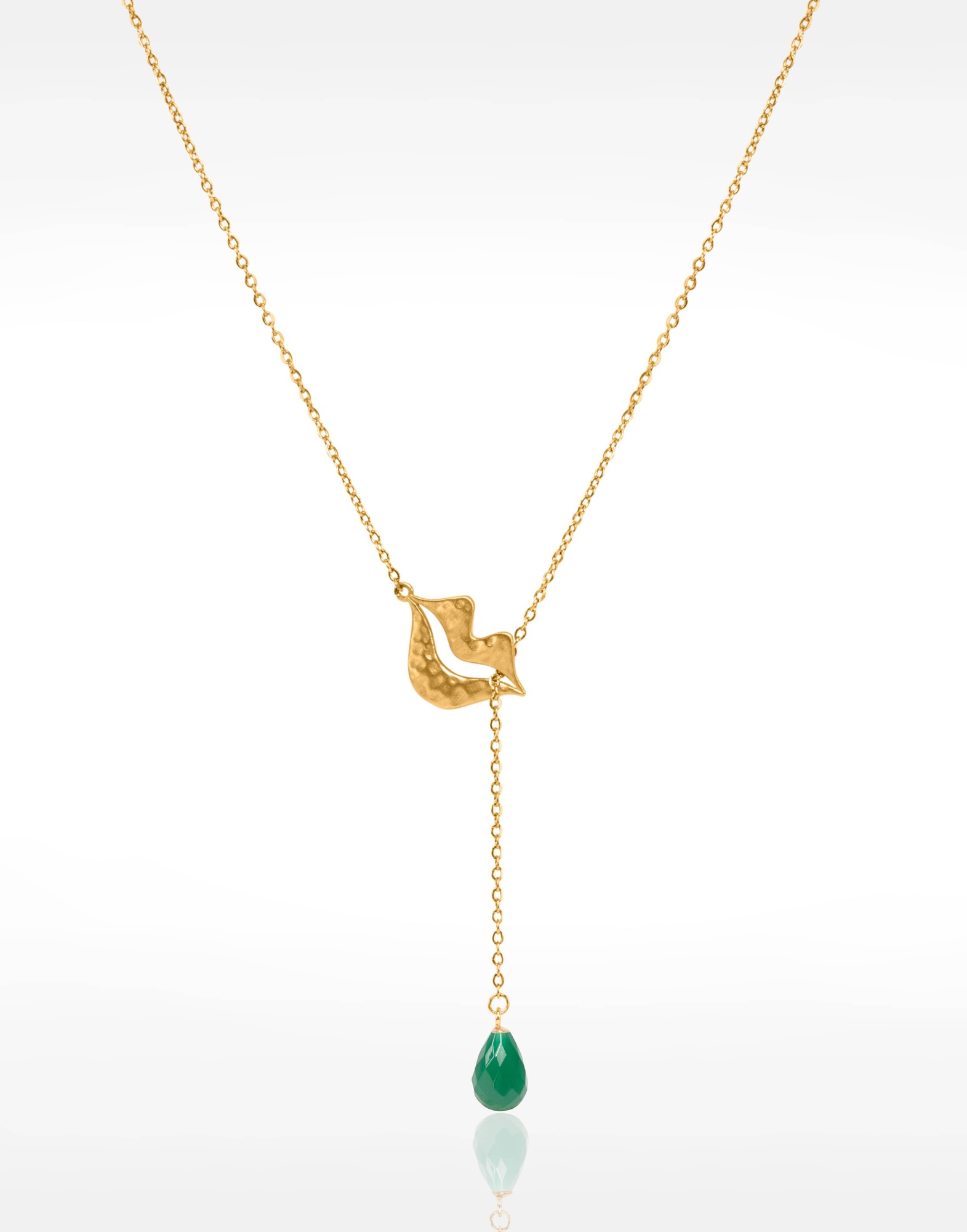 Collier Cravate en acier inoxydable doré, Onyx vert  briolette - HÉRA | Gloria Balensi