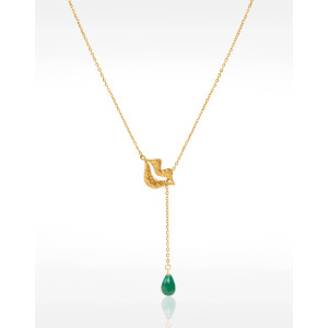 Collier Cravate en acier inoxydable doré, Onyx vert briolette - HÉRA