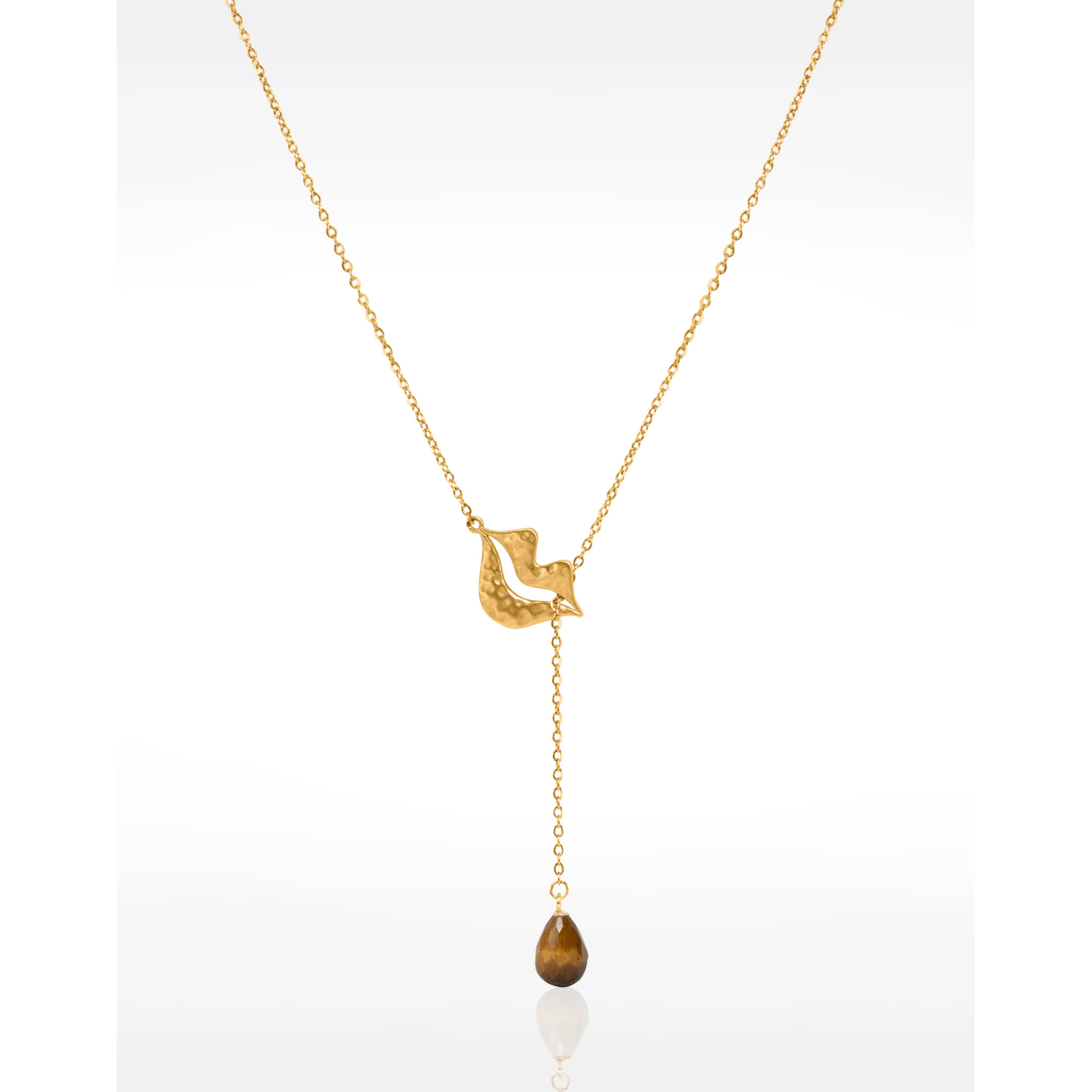 Collier Cravate en acier inoxydable doré, Oeil de tigre  briolette - HÉRA | Gloria Balensi