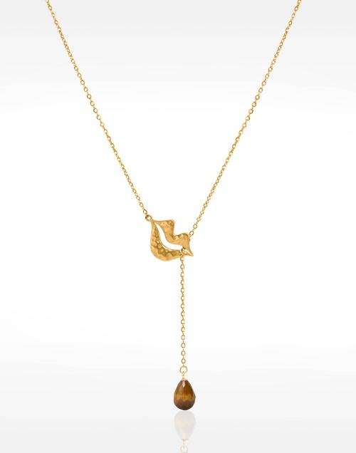 Collier Cravate en acier inoxydable doré, Oeil de tigre  briolette - HÉRA | Gloria Balensi