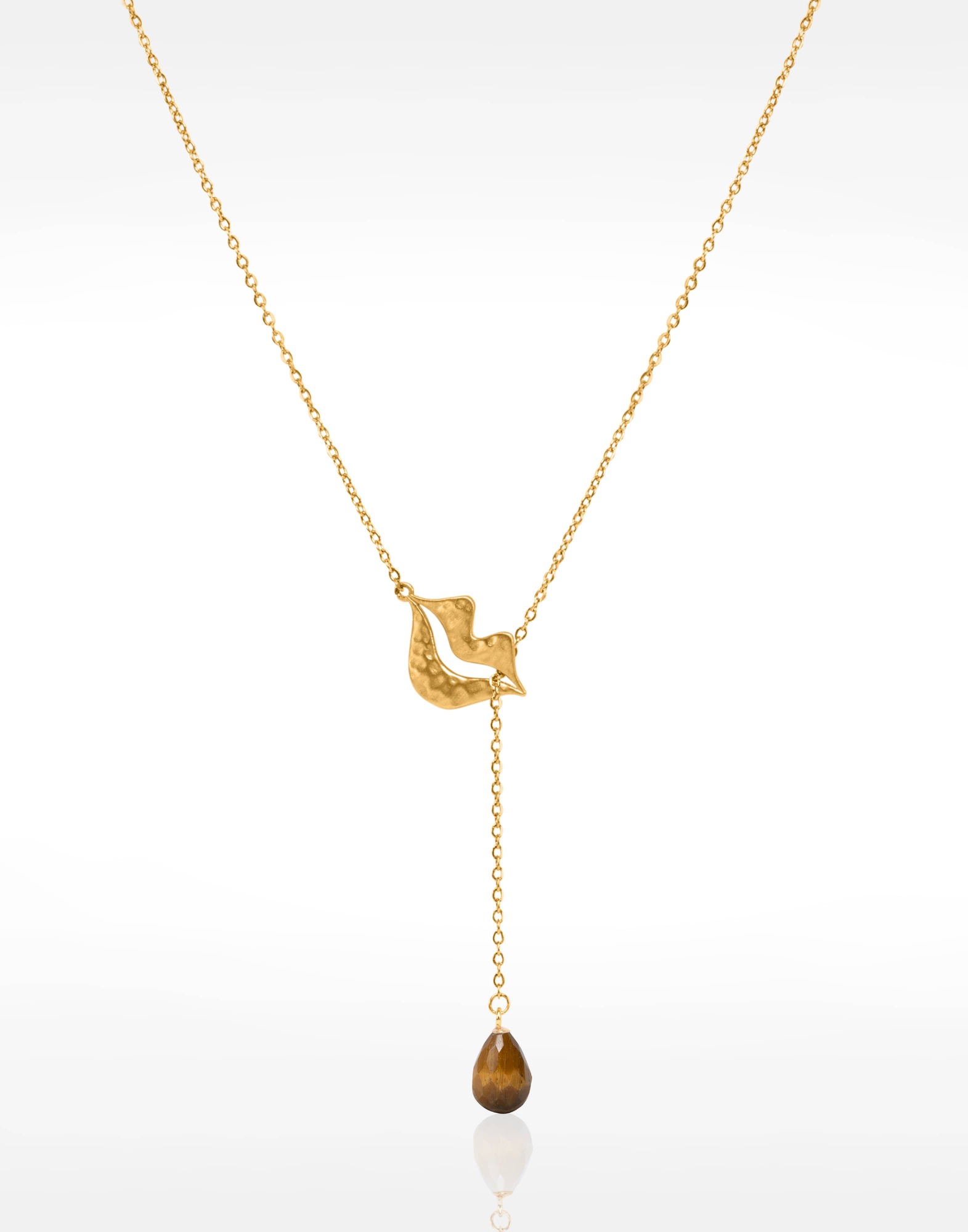 Collier Cravate en acier inoxydable doré, Oeil de tigre  briolette - HÉRA | Gloria Balensi