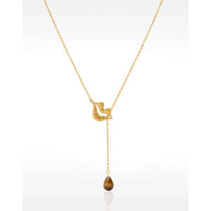 Collier Cravate en acier inoxydable doré, Oeil de tigre briolette - HÉRA