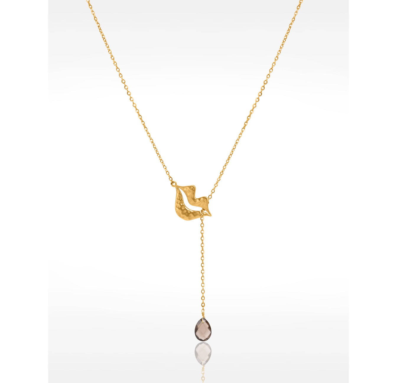 Gold-plated stainless steel tie necklace with Smoky quartz pear - HÉRA