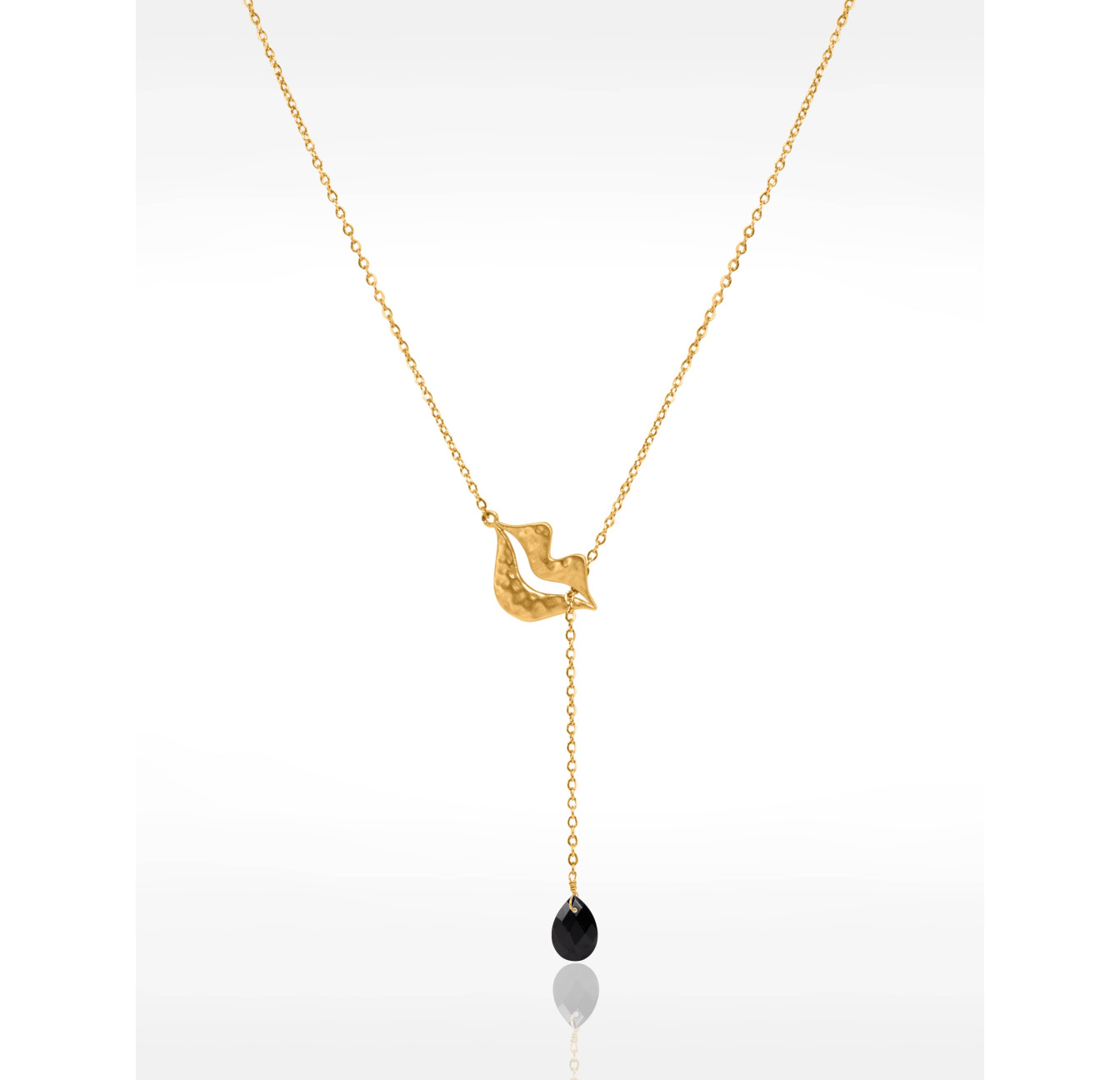 Gold-plated stainless steel tie necklace with Black Onyx pear - HÉRA