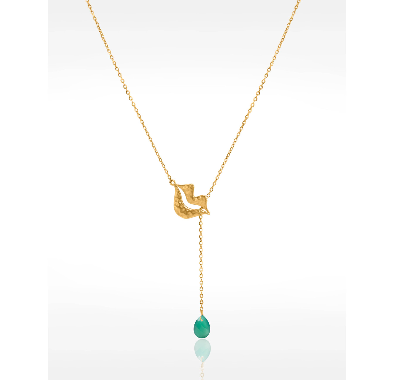 Gold-plated stainless steel tie necklace with green Onyx pear - HÉRA