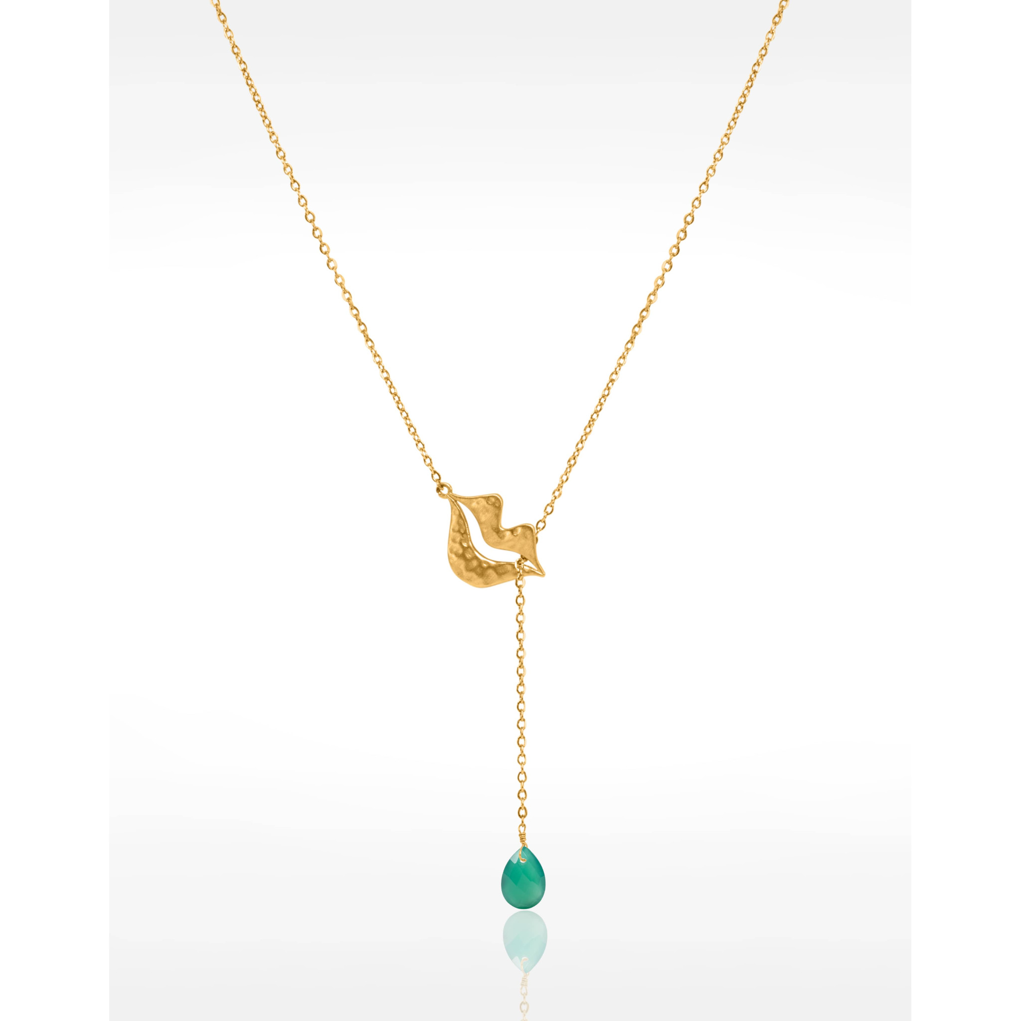 Gold-plated stainless steel tie necklace with Green Onyx pear - HÉRA | Gloria Balensi