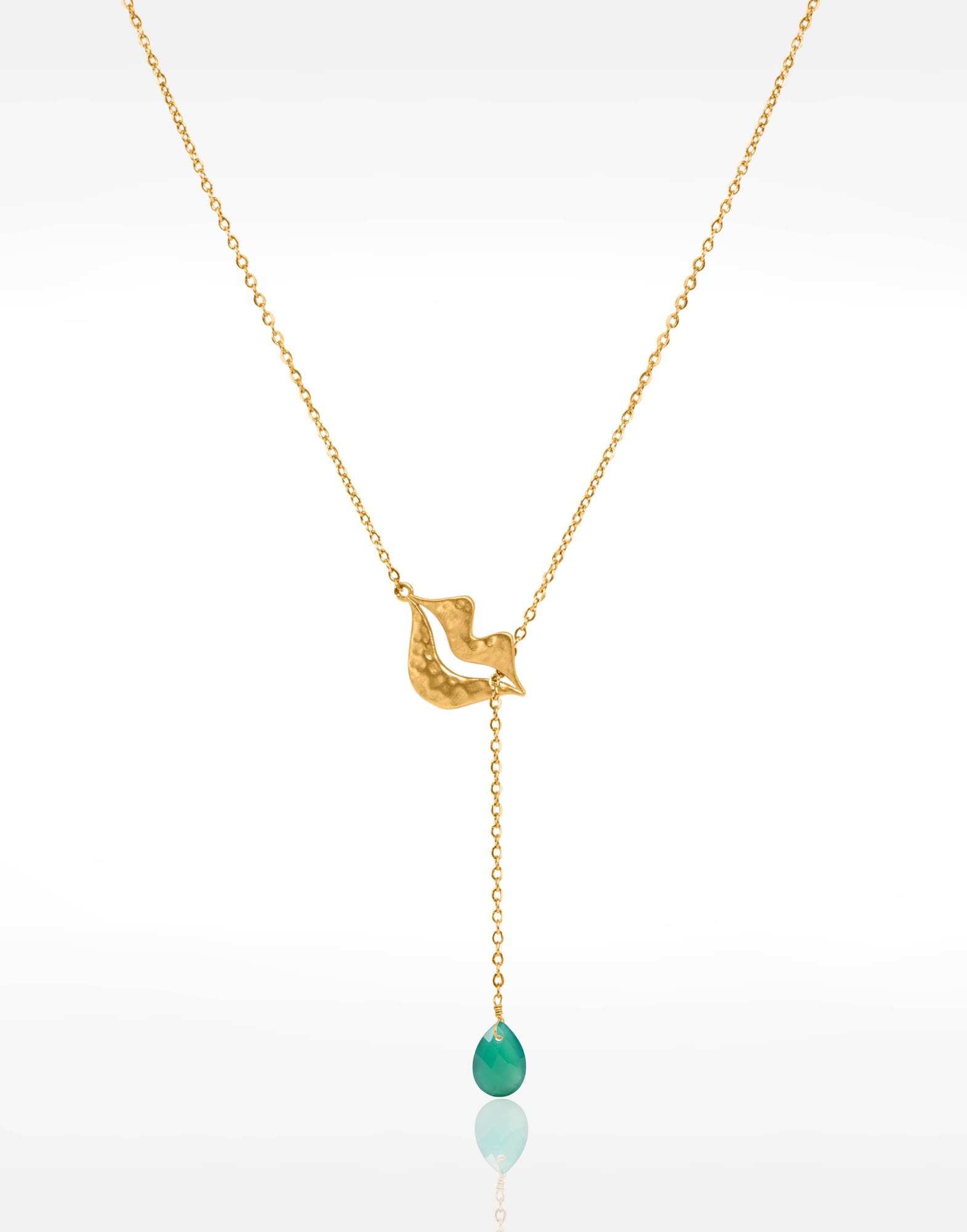 Gold-plated stainless steel tie necklace with Green Onyx pear - HÉRA | Gloria Balensi
