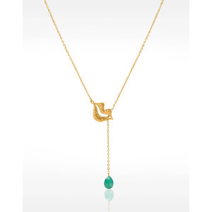 Gold-plated stainless steel tie necklace with green Onyx pear - HÉRA