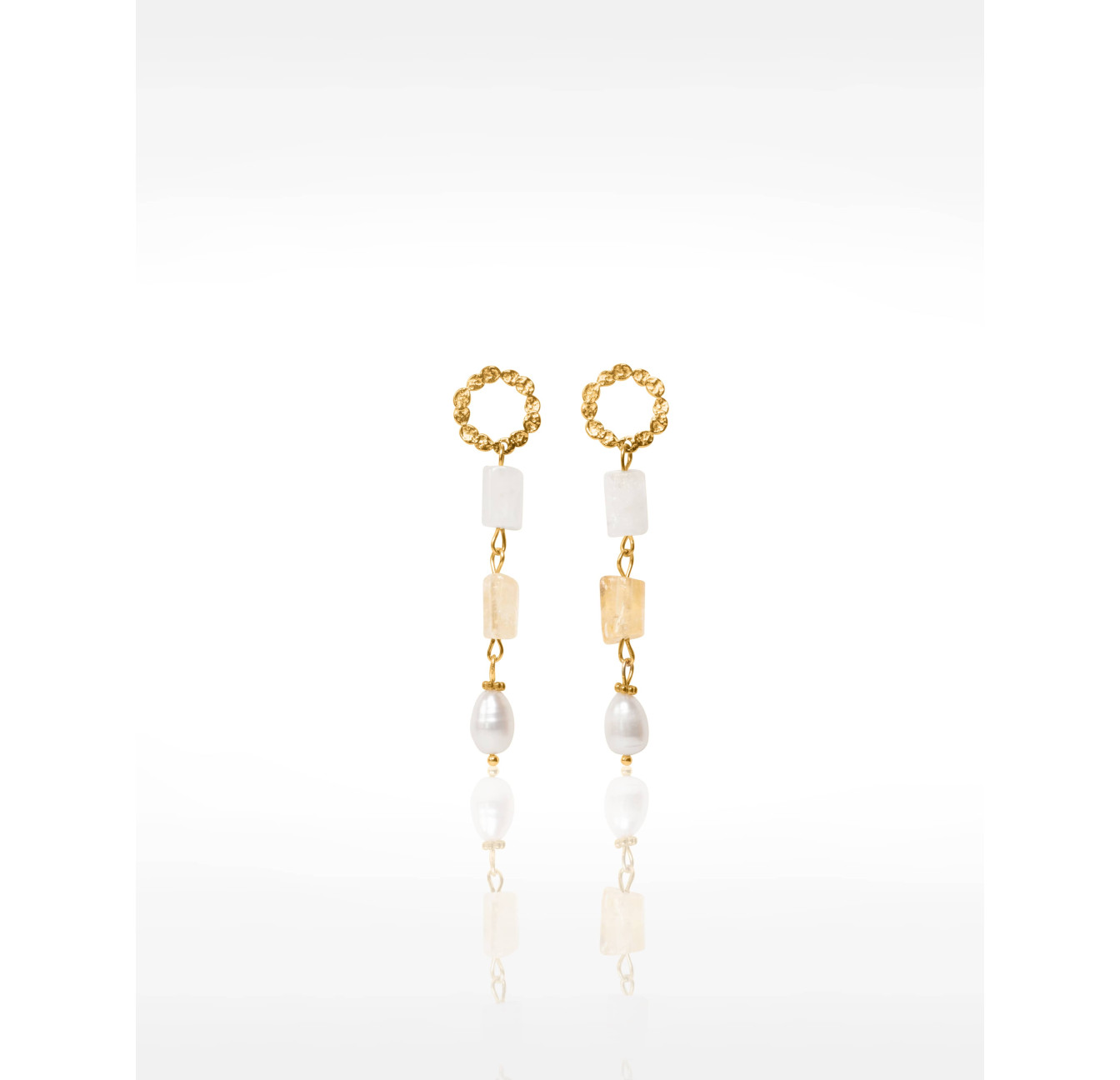 Gold-plated stainless steel drop earrings, hammered ring, citrine, rock crystal & baroque pearl - ISIS
