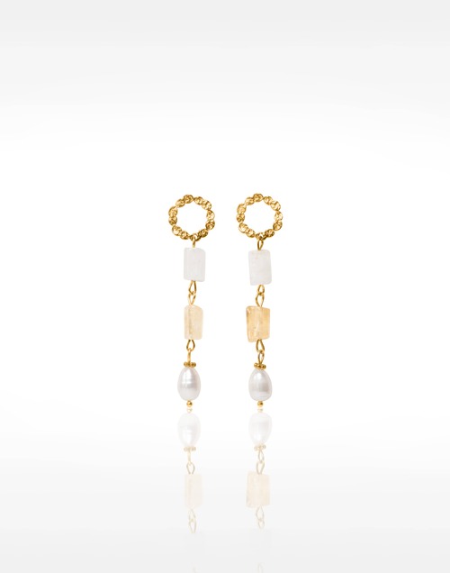 Boucles d'oreilles pendantes en acier inoxydable doré, anneau martelé, citrine, cristal de roche & perle baroque - ISIS