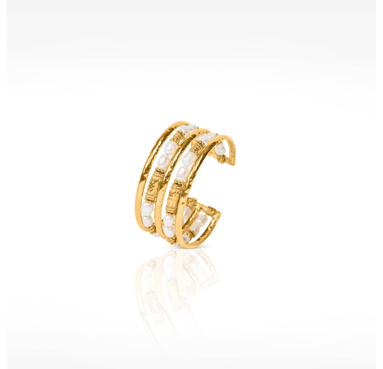 Bracelet Manchette en acier inoxydable Double Rang en Perles de Culture et pièces antique - ANTAYA