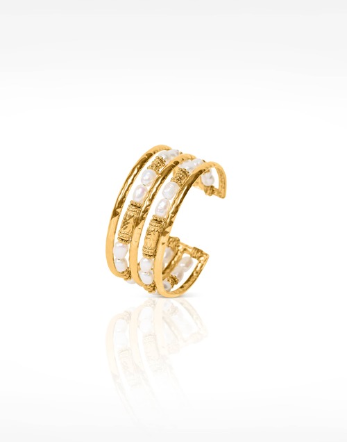 Bracelet Manchette en acier inoxydable Double Rang en Perles de Culture et pièces antique -ANTAYA|Gloria Balensi