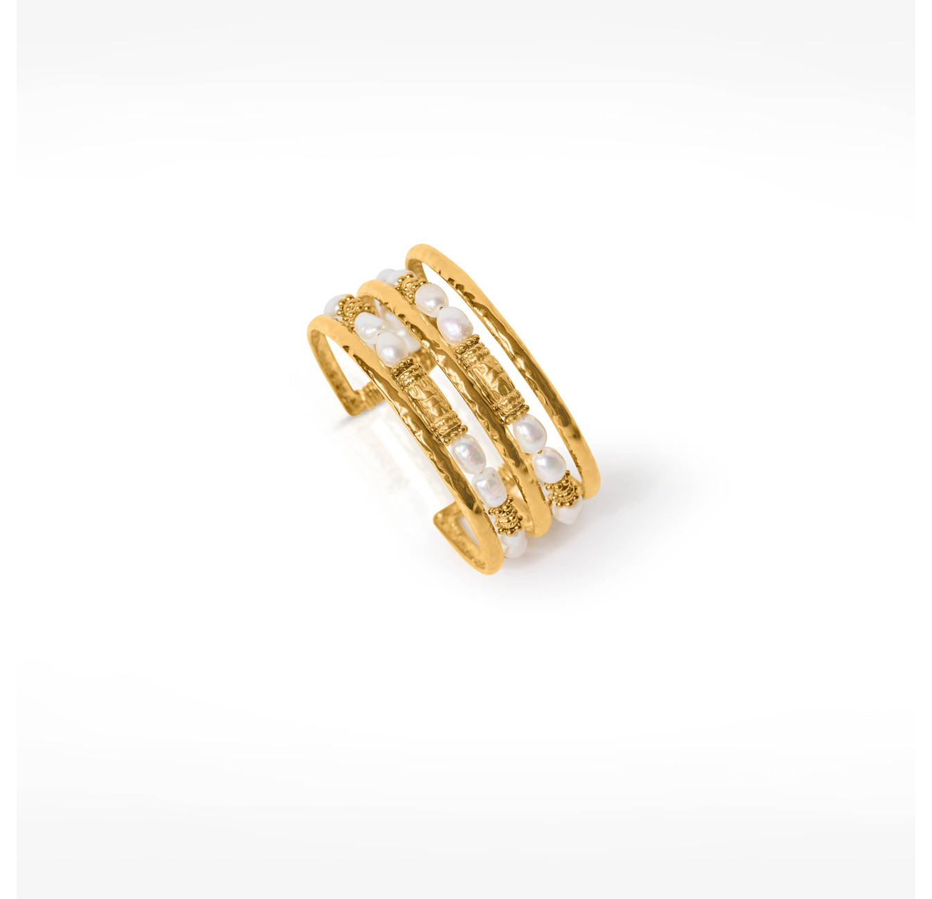 Bracelet Manchette en acier inoxydable Double Rang en Perles de Culture et pièces antique - ANTAYA