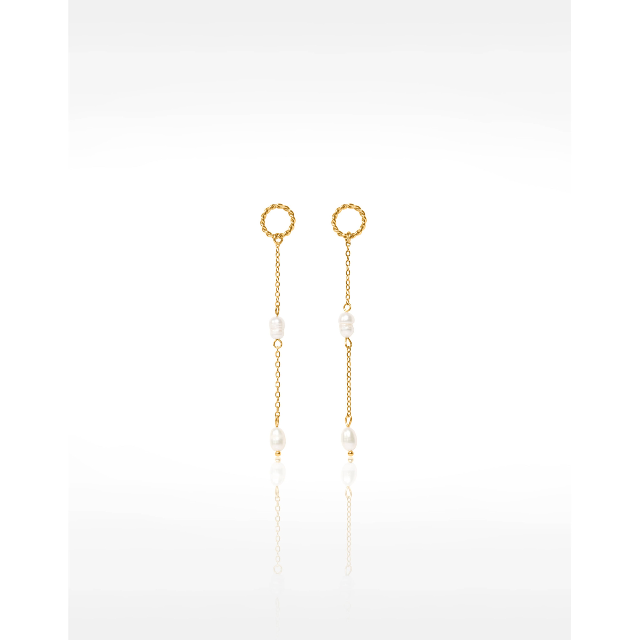 Boucles d'oreilles anneaux torsadés en acier inoxydable doré, chaîne & perles baroques - LOU| Gloria Balensi Paris