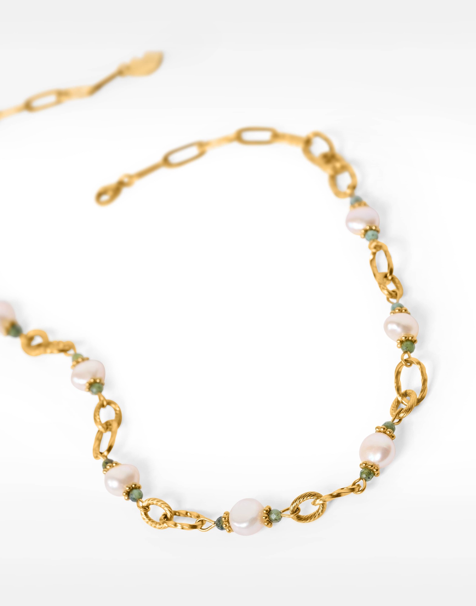 Stainless steel choker necklace with pink cultured pearl and green jasper - ATHEA | Gloria Balensi Paris jewelry