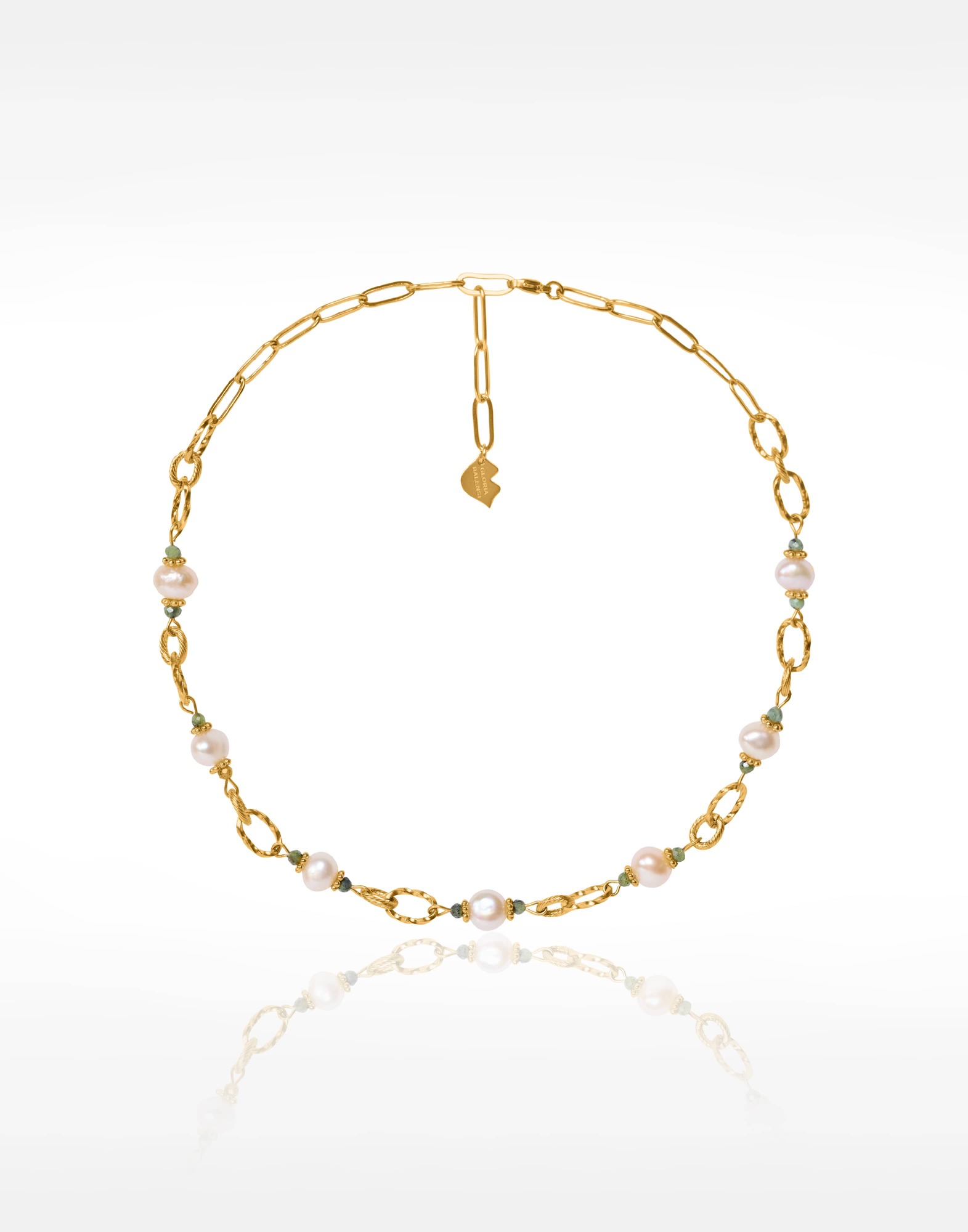 Stainless steel choker necklace with pink cultured pearl and green jasper - ATHEA | Gloria Balensi Paris jewelry