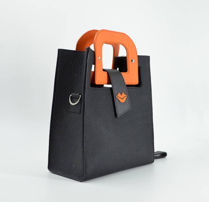 Black leather bag ARTISTE, orange handle and mouth embroidery , view 3  | Gloria Balensi