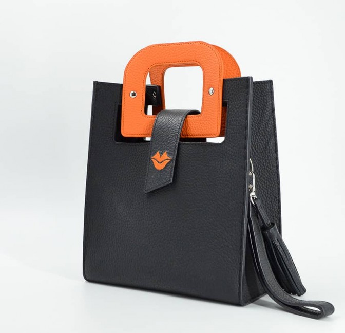Black leather bag ARTISTE, orange handle and mouth embroidery , view 2  | Gloria Balensi