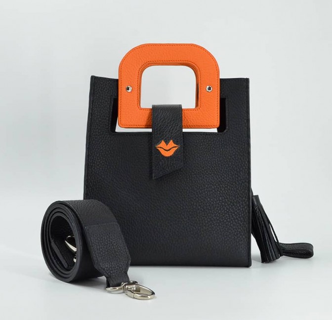Black leather bag ARTISTE, orange handle and mouth embroidery , view 5  | Gloria Balensi