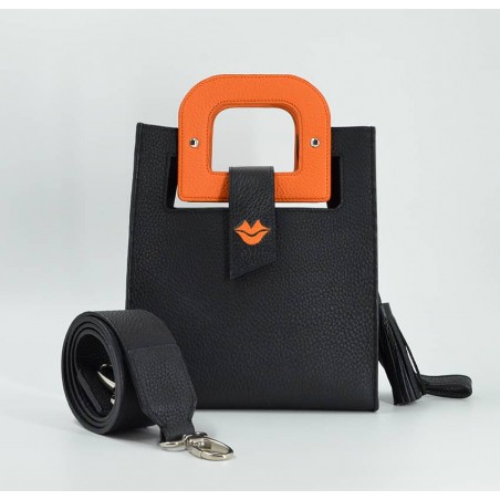 Black leather bag ARTISTE, orange handle and mouth embroidery , view 5  | Gloria Balensi