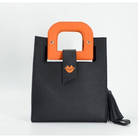 Black leather bag ARTISTE, orange handle and mouth embroidery , view 1  | Gloria Balensi