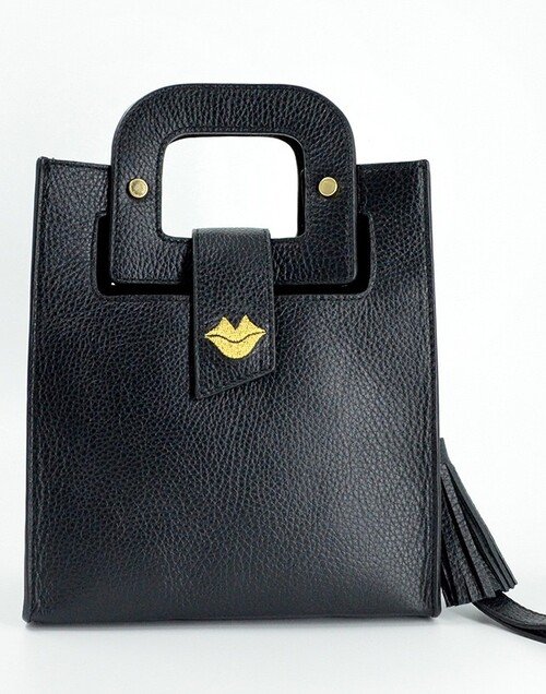 Sac en cuir noir ARTISTE, broderie bouche or |Gloria Balensi