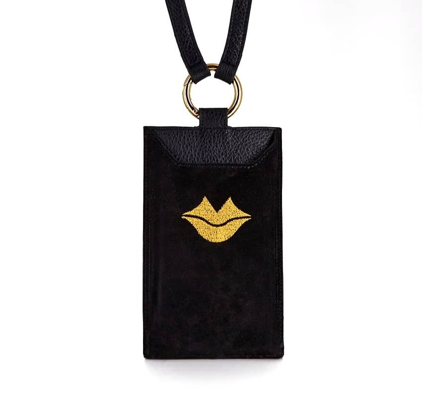 Black and gold velvet leather TELI phone pouch, front view | Gloria Balensi