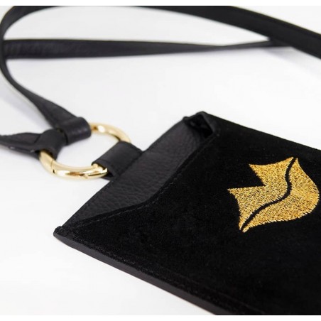 Black and gold velvet leather TELI phone pouch, lying view 2 | Gloria Balensi