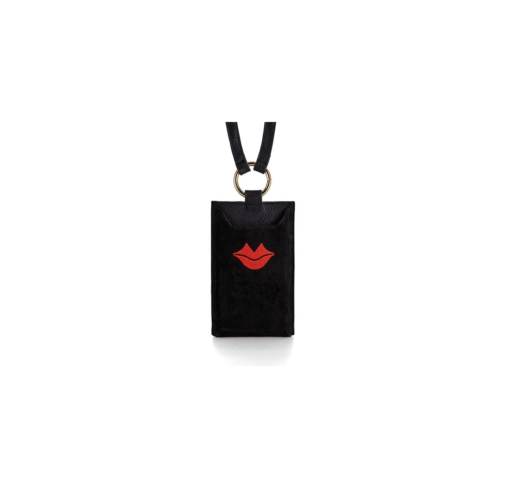 Black and red velvet leather TELI phone pouch, front view | Gloria Balensi